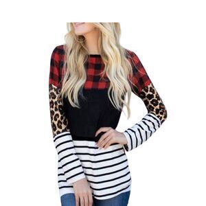 Women's Long Sleeve Top Plaid Leopard Stripe Casual T-Shirt Multicolor NWOT